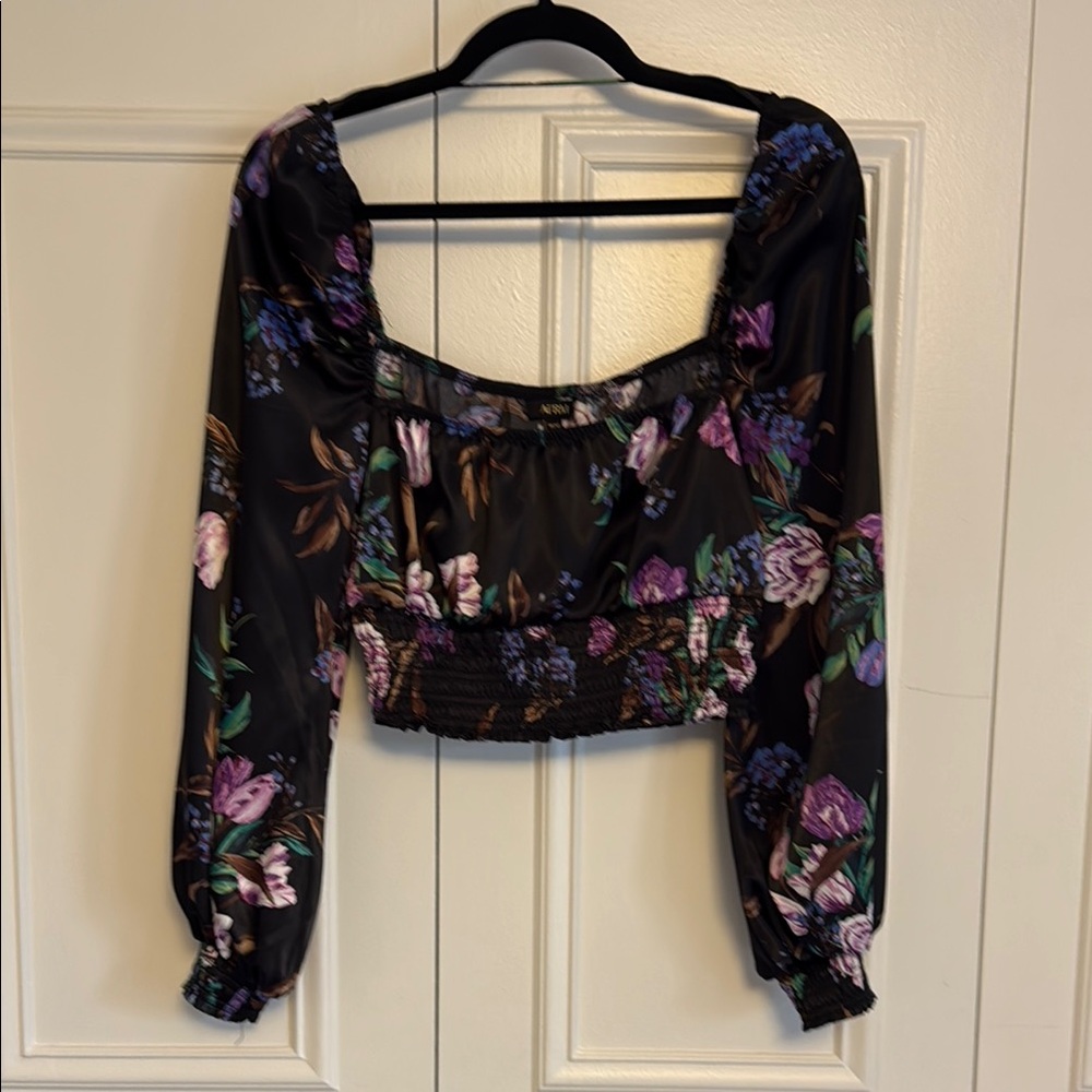 AFRM Black and Pink Bishop Sleeve Crop Blouse